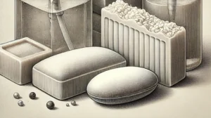 A detailed illustration of soap bars in various forms, such as a classic rectangular bar, an oval-shaped bar, and a liquid soap dispenser.