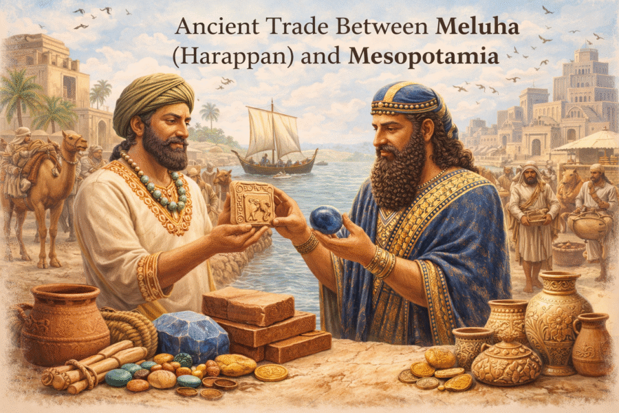 AI illustration showing an Indus trader conducting business with a Mesopotamian person