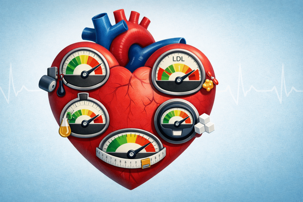 Illustration of a human heart with five gauges representing blood pressure, cholesterol, triglycerides, blood sugar, and waist size