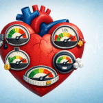 Illustration of a human heart with five gauges representing blood pressure, cholesterol, triglycerides, blood sugar, and waist size