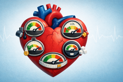 Illustration of a human heart with five gauges representing blood pressure, cholesterol, triglycerides, blood sugar, and waist size