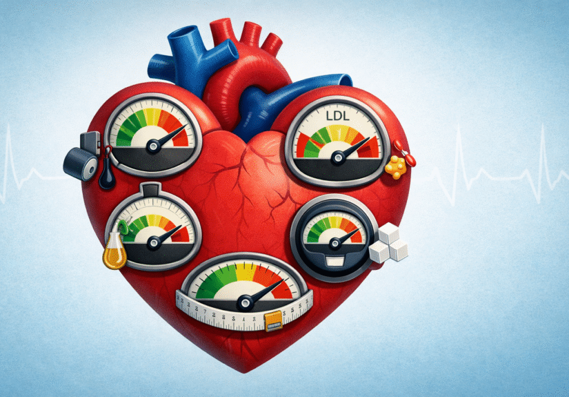 Illustration of a human heart with five gauges representing blood pressure, cholesterol, triglycerides, blood sugar, and waist size