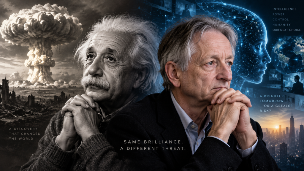 Geoffrey Hinton and Albert Einstein linked to the rise of artificial intelligence and concerns over threats to humanity