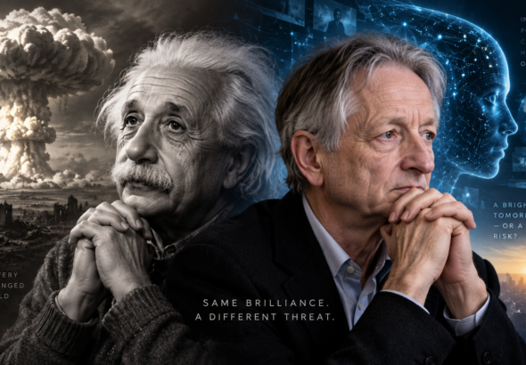 Geoffrey Hinton and Albert Einstein linked to the rise of artificial intelligence and concerns over threats to humanity